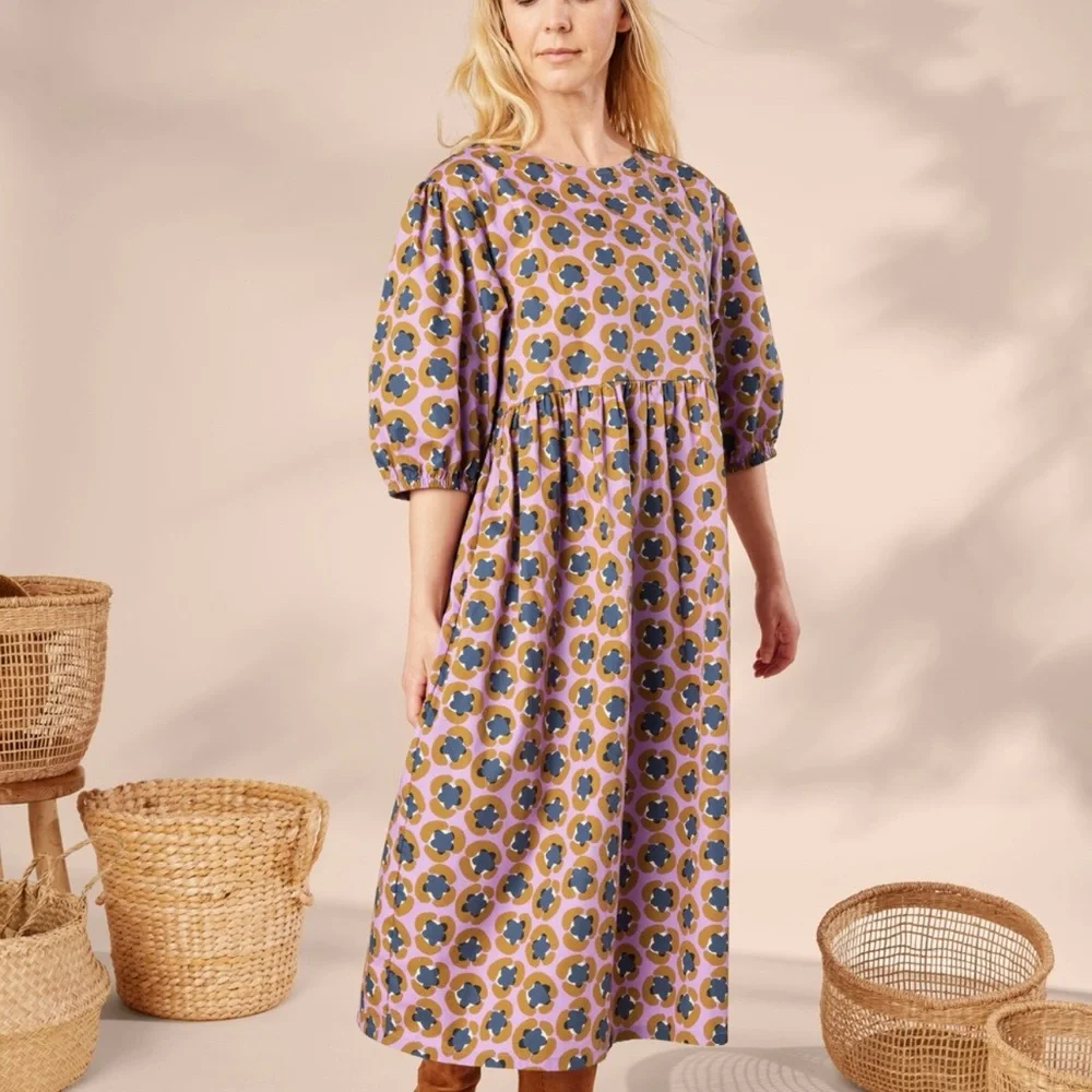 NEW Tea Collection Adult Puff Sleeve Dress Size Small Leopard Floral Midi Cotton - Picture 8 of 9